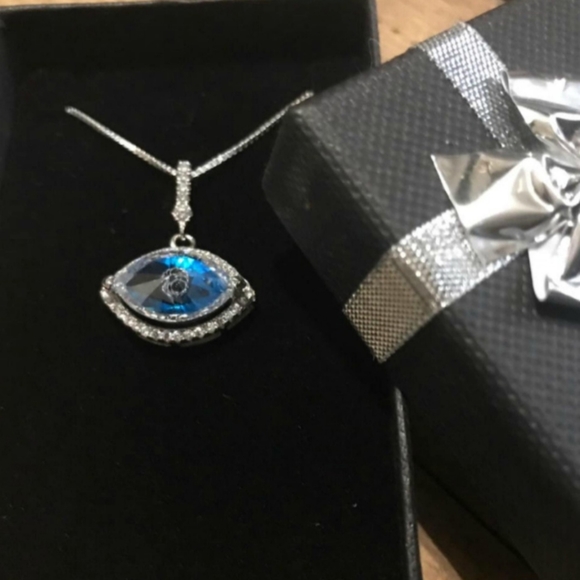 925 Sterling Silver Blue Evil Eye Crystal CZ Drop Pendant Necklace - Picture 4 of 5